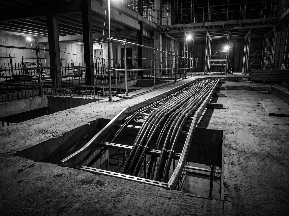 Armoured cables on a ladder tray passing through a slab penetration