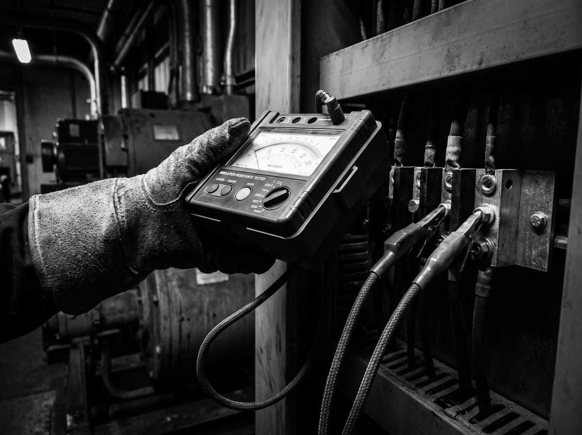 Gloved hand holding an insulation resistance tester against a terminal block