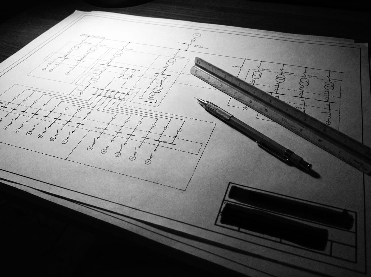 Single-line diagram on a drawing sheet with a scale rule and pen