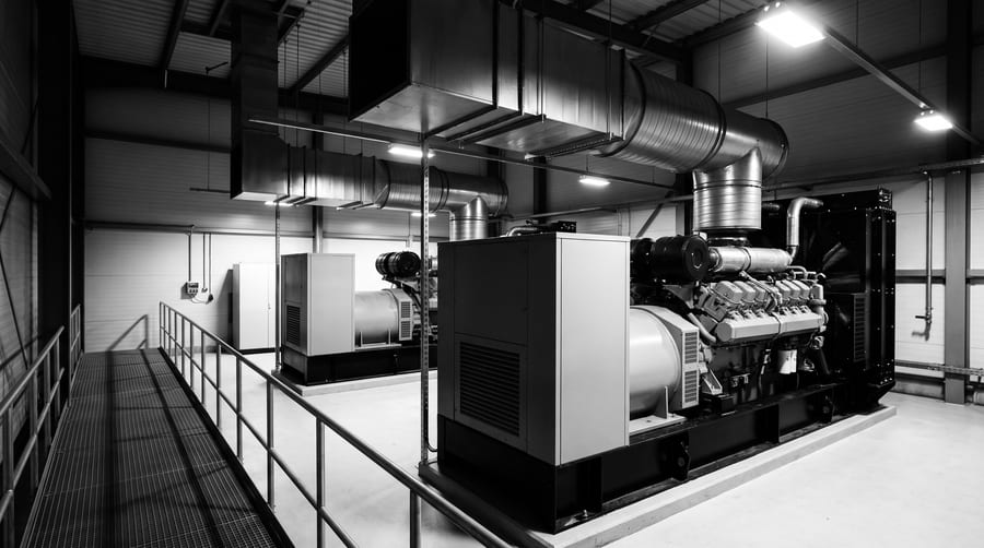 Generator hall with two enclosed diesel generator sets and overhead exhaust ducting