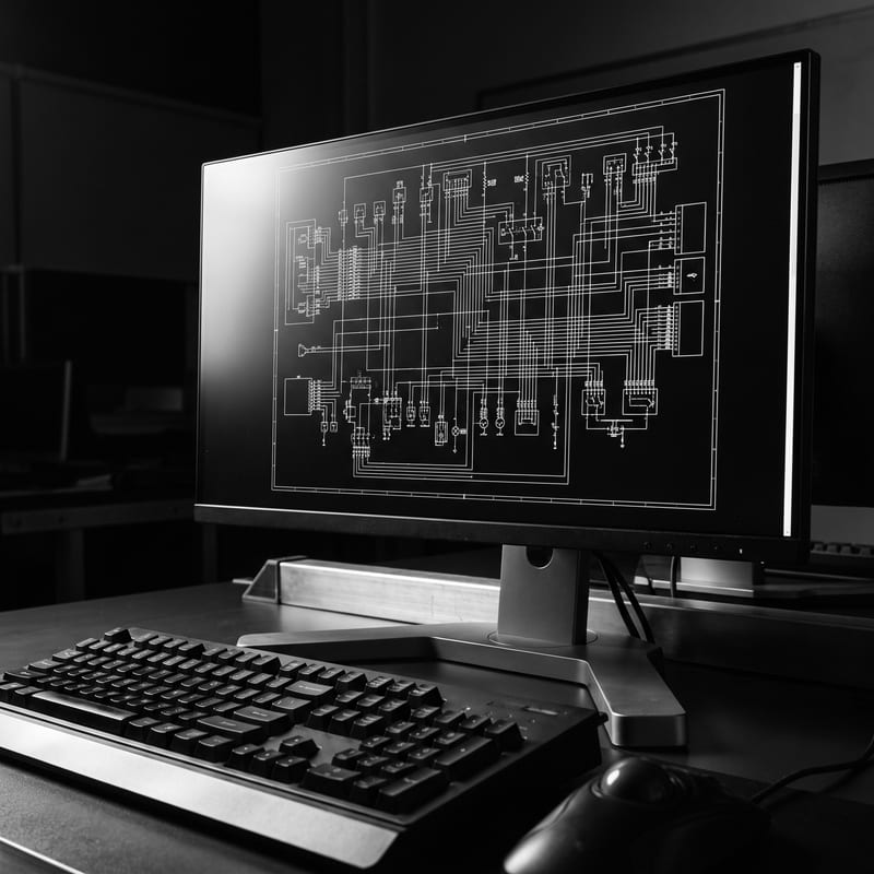CAD workstation displaying a dense electrical schematic