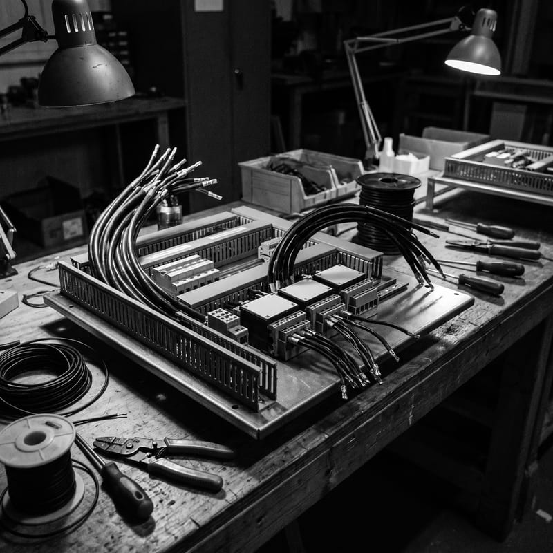 Switchboard under construction on a workshop bench with a part-terminated loom