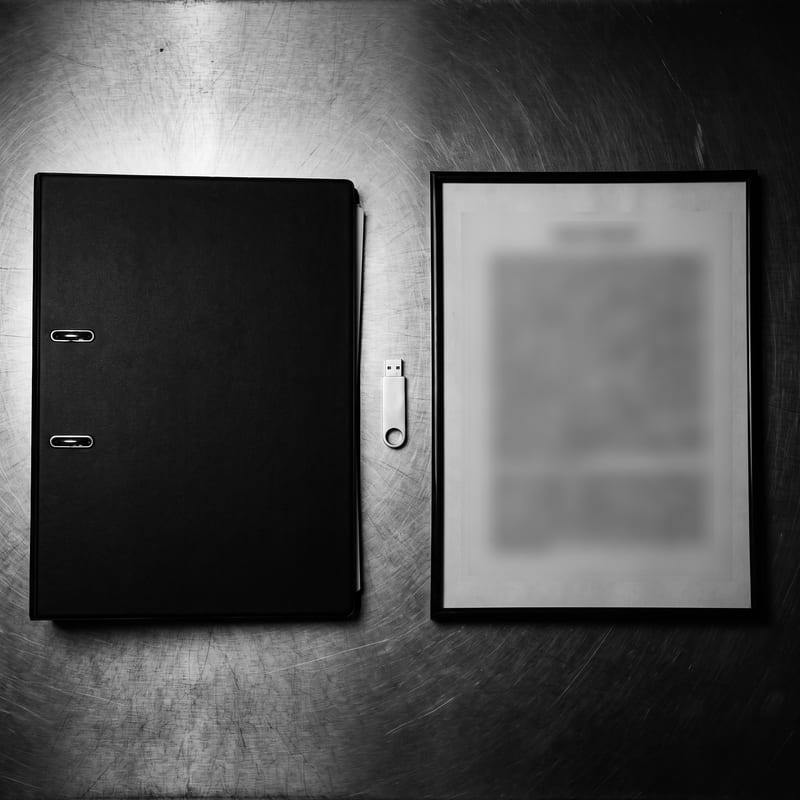 Bound binder and USB drive on a steel bench beside a framed certificate