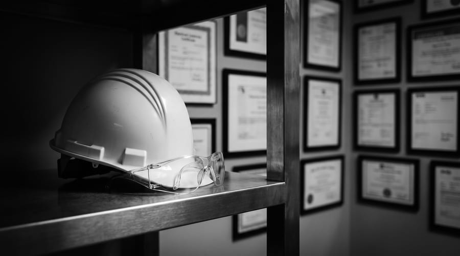 Hard hat and safety glasses on a steel shelf in front of framed compliance certificates